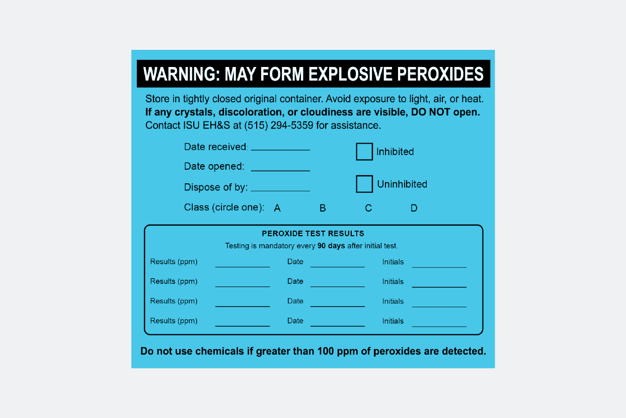 Blue label for documenting peroxide-forming chemicals