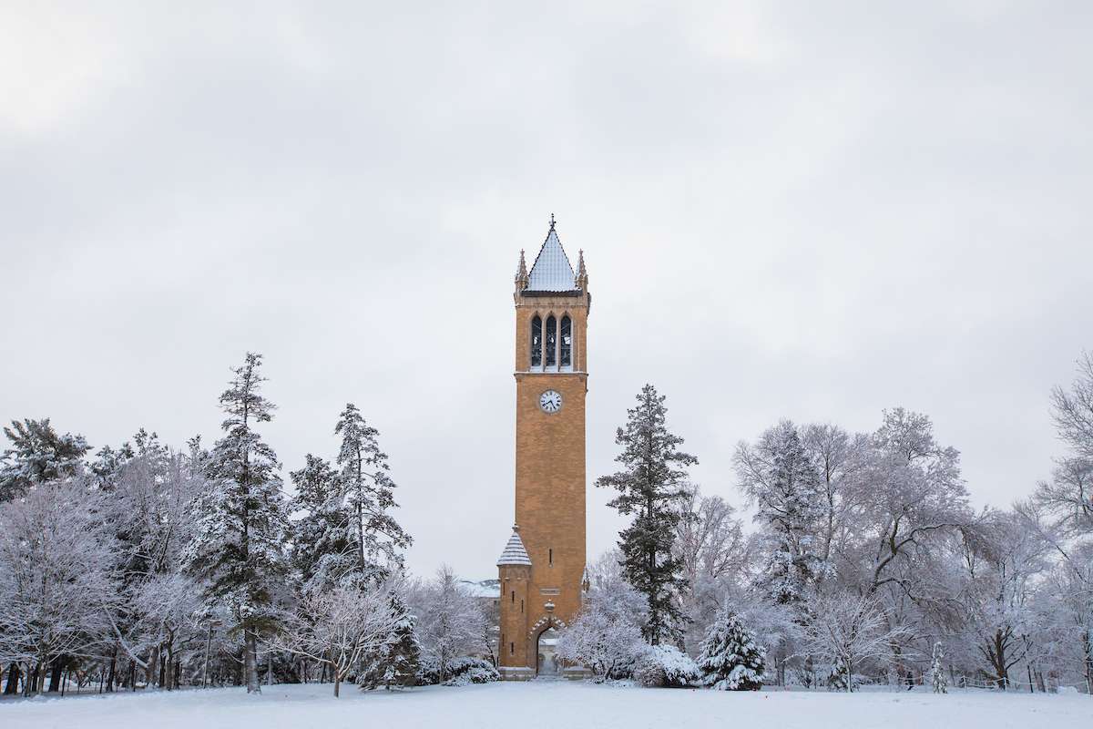 Campanile on central campus with fresh snow fall